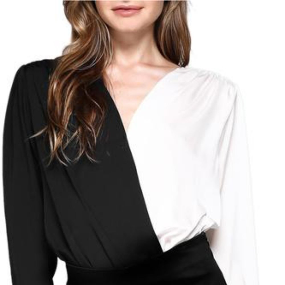Black and White Color Block Long Sleeve Bodysuit